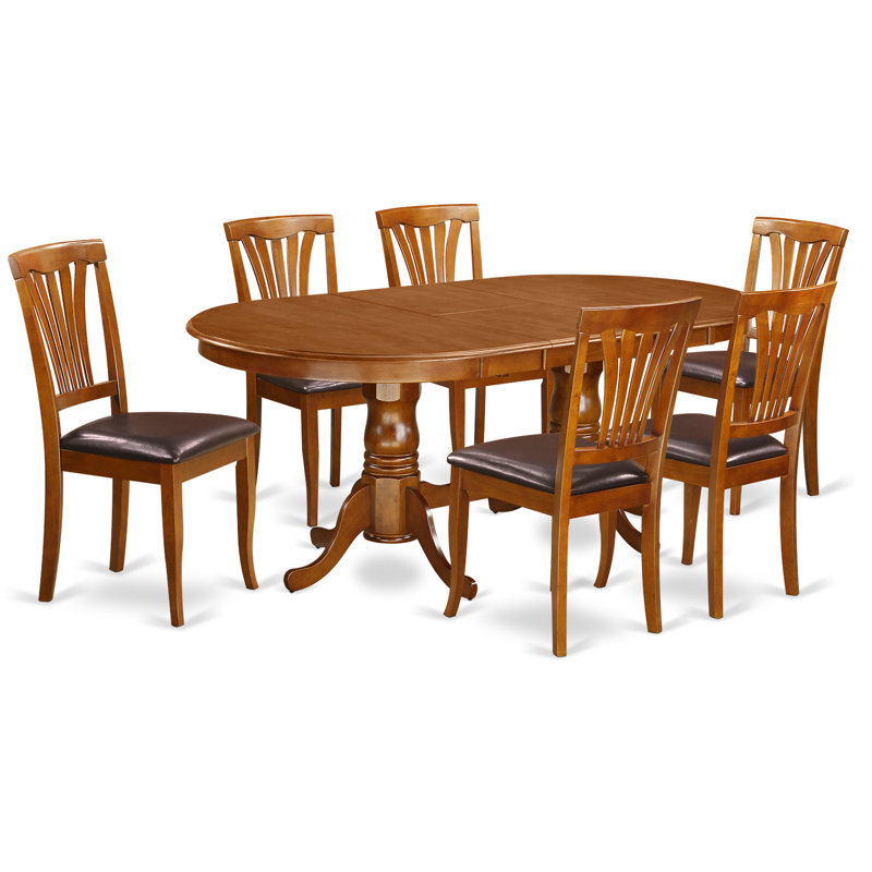 7 Piece Dining Set Consist of an Oval Dining Table with Butterfly Leaf and 6 Faux Leather Kitchen Room Chairs, Saddle Brown