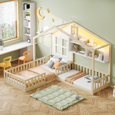 Natural Wooden House Bed 90×200 cm with LED, LED, Guardrails & Shelves