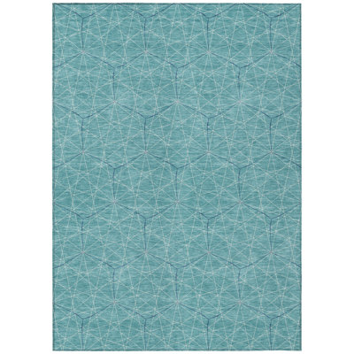 HomeRoots 9' X 12' Teal Blue Black And Ivory Geometric Washable Indoor Outdoor Area Rug