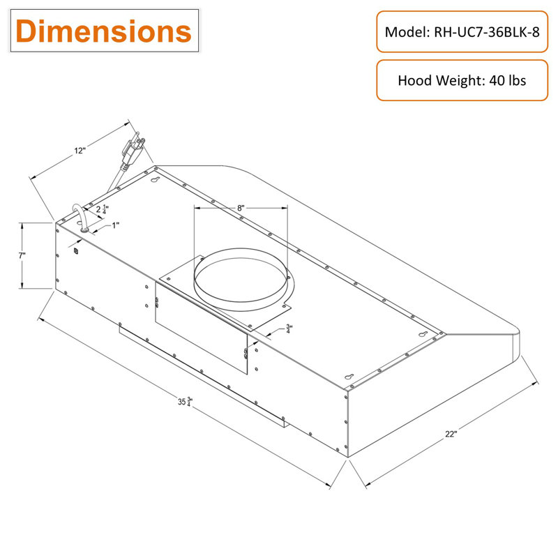 Hotte sous un meuble à conduit 36 pouces avec filtre à chicane et lumière incluse Awoco RH-UC7-36BLK