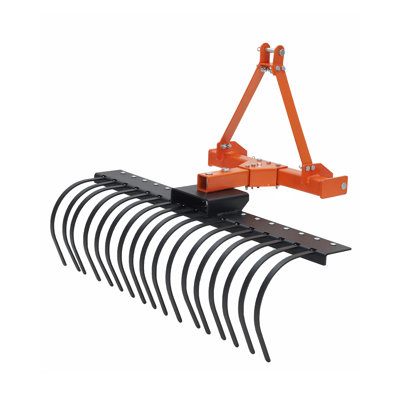 Heavy Duty 50" 3-Point Landscape Rock Rake for Category 0/1 Tractors – 17 Replaceable Spring Steel Tines, 360° Rotating, Quick Mount, Efficient for Soil, Brush & Arena Work – Orange Tripod