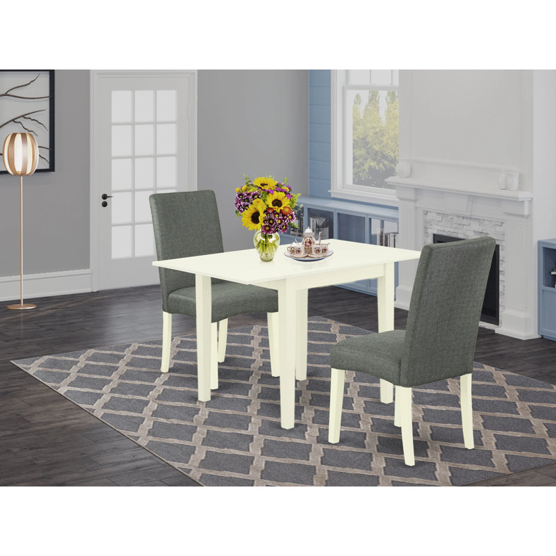 Ensemble de salle à manger 3 pièces pour petits espaces comprenant une table de salle à manger rectangulaire avec Dropleaf et 2 chaises de salle à manger Parson en tissu gris, lin blanc