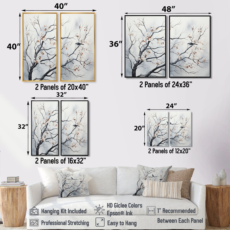 «Gray Floral Sprintime Tree Birds III», art mural moderne sur toile grise, Black, 36" H x 48" W