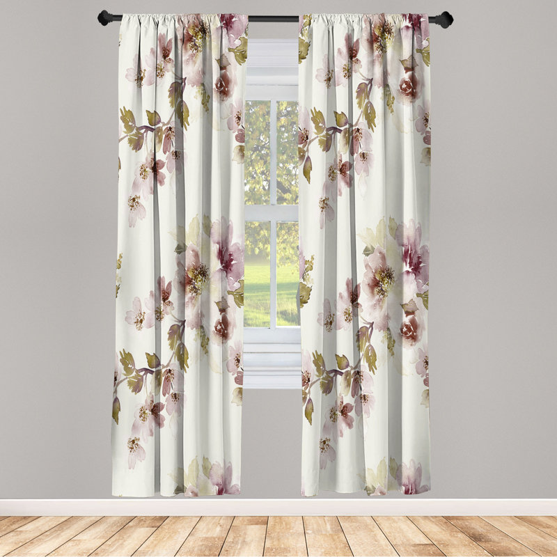 Microfiber Floral Semi-Sheer Rod Pocket Curtain Panels, 28" W x 63" L, White/Brown/Red
