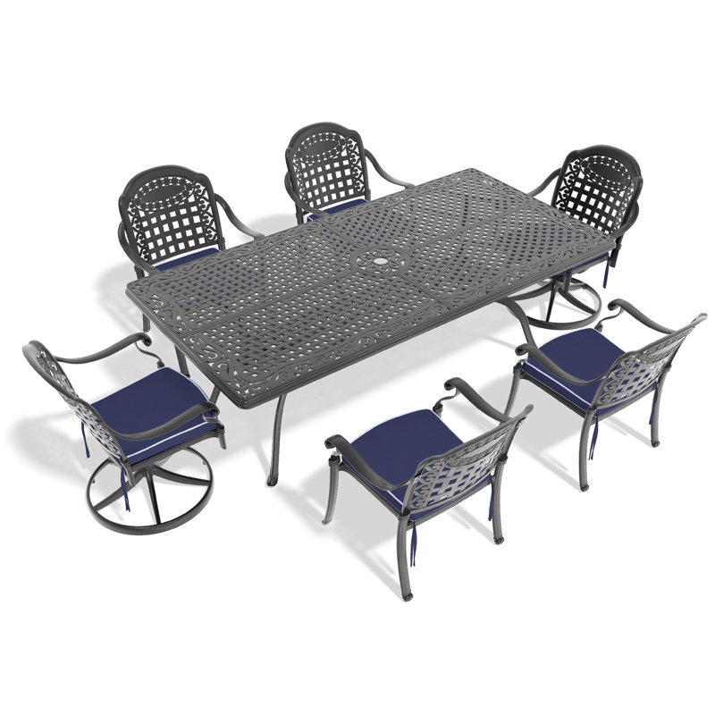 L'ensemble de salle à manger en aluminium coulé 7 pièces 7 pièces comprend 2 chaises pivotantes, 6 chaises et une table rectangulaire avec cadre noir