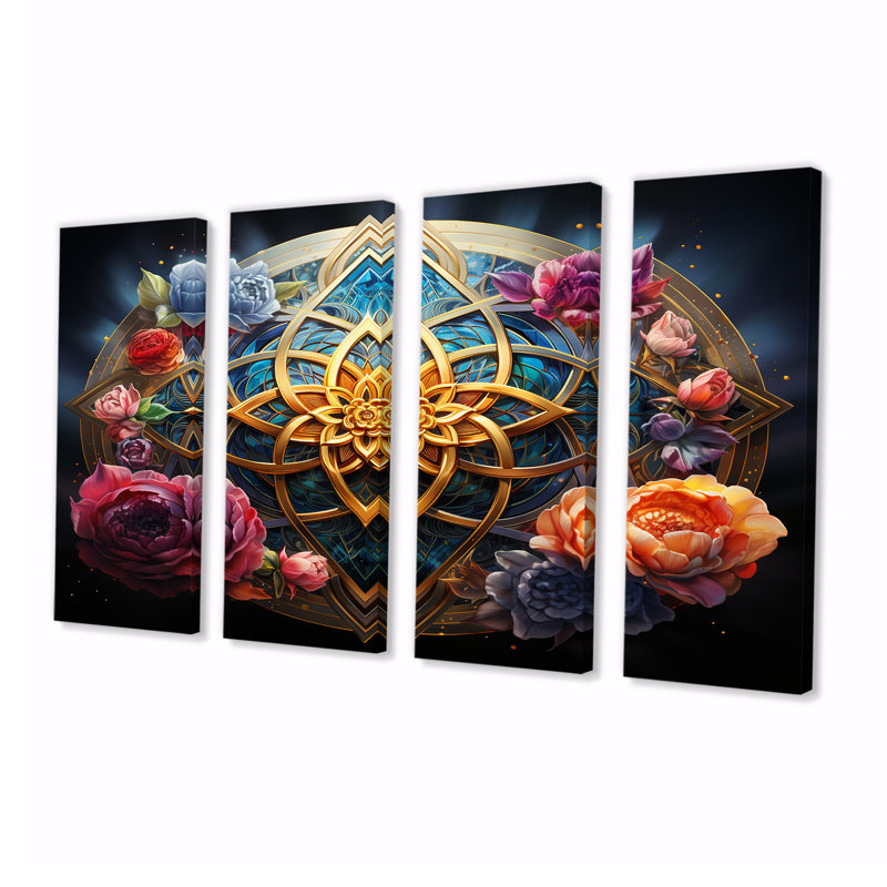 Roses et fleurs de lotus mandala doré - art mural botanique 4 pièces, H 28 po x l 48 po