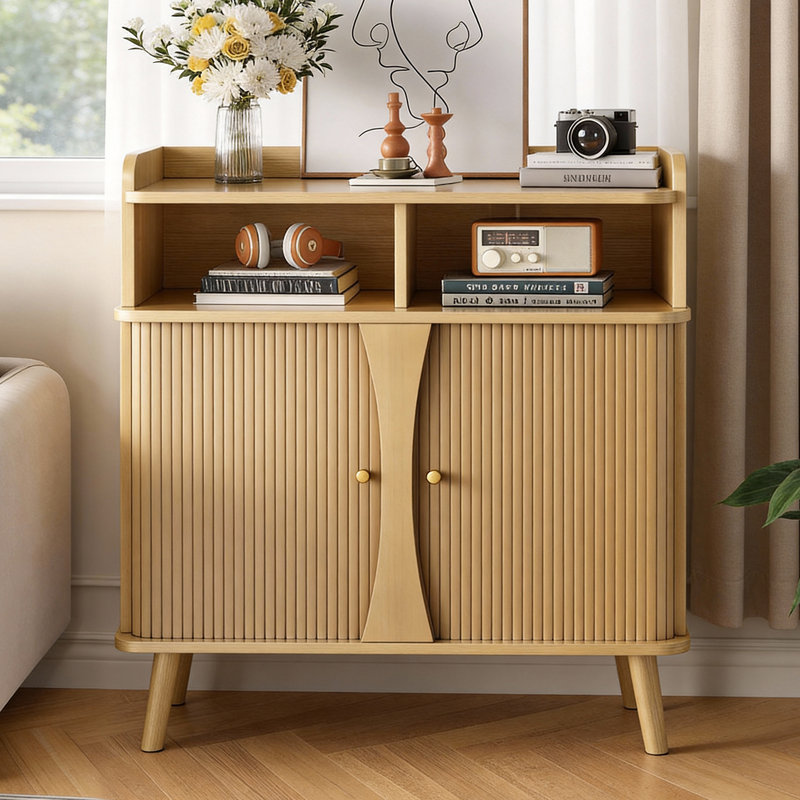 39” Walnut Mid-Century Buffet Cabinet - Roller Shutter Doors, Adjustable Shelves For Kitchen/Living Room/Coffee Bar, Oak