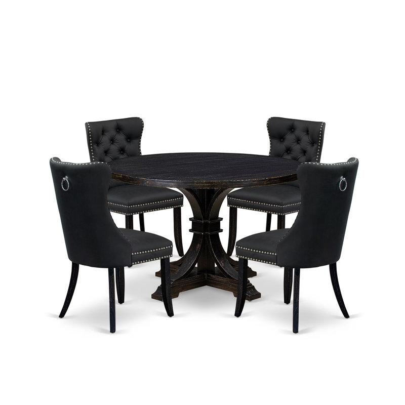 Ensemble de table de cuisine 5 pièces avec similicuir 4 chaises de salle à manger gris foncé, un dossier capitonné et une table ronde de 48 po au fini noir sablé.