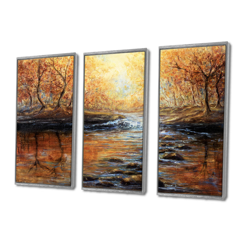 «Morning Light In The Autumn Forest», peinture sur toile 3 pièces, H 32 po x l 48 po, Argent argent