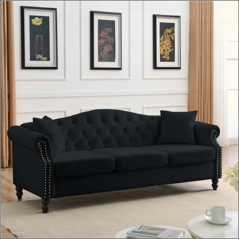 Canapé Chesterfield Meghans, Tissus performant Revolution gris, H 32 po x l 79 po x P 30 po