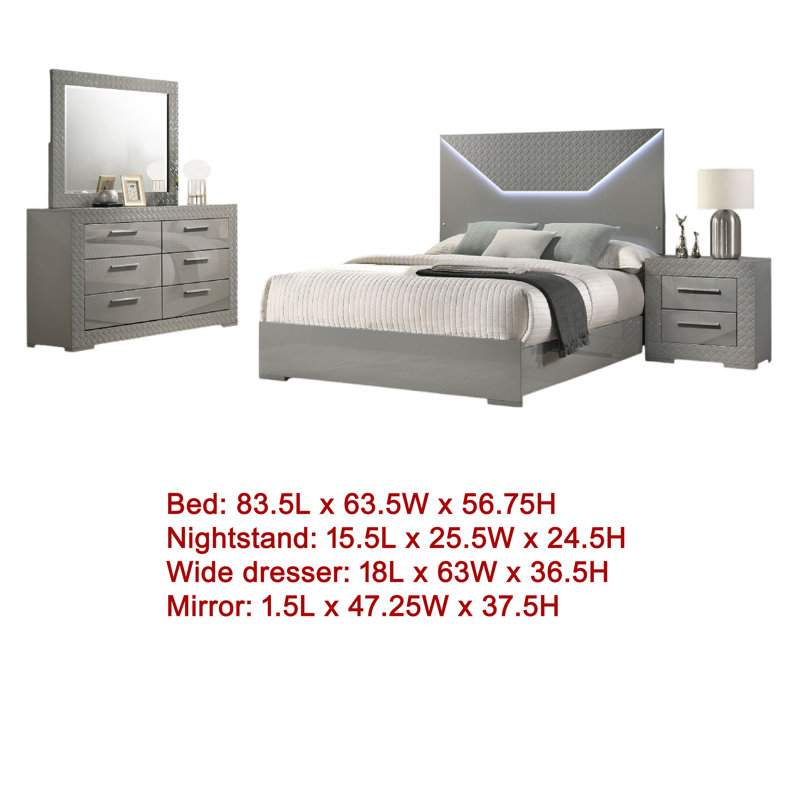Ensemble de chambre à coucher 4 pièces Ivon, Gris, Grand lit