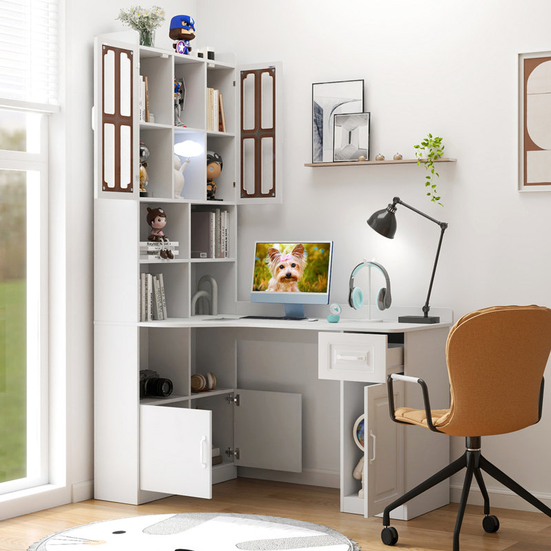 L-Shaped Corner Computer Desk with Drawers, Bookshelf and Hutch, White, 76.77'' H X 42.71'' W X 28.26'' D