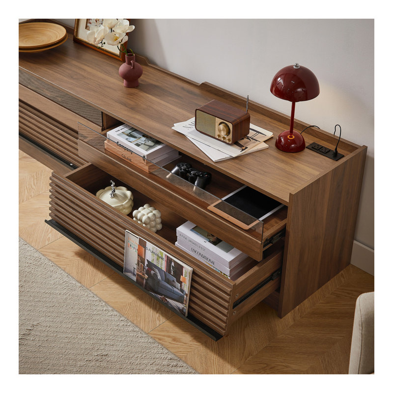 Meuble télé Mirod avec rangement spacieux, 4 tiroirs avec verre trempé, ports de charge intégrés et éclairage DEL ambiant, polyvalent pour tous les styles de décor