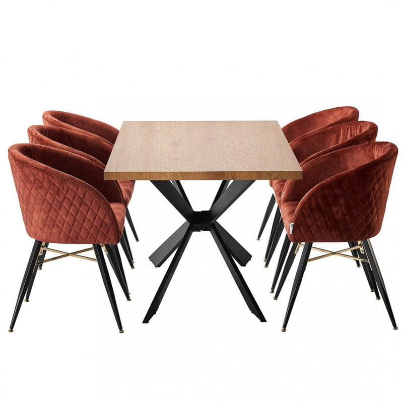 Goddard  6 Person Dining set - a Rectangular Wooden Dining Table with Metal Legs and a Set of 6 Quilted Velvet Dining Chairs for Dining Room - Modern Dining Table Set