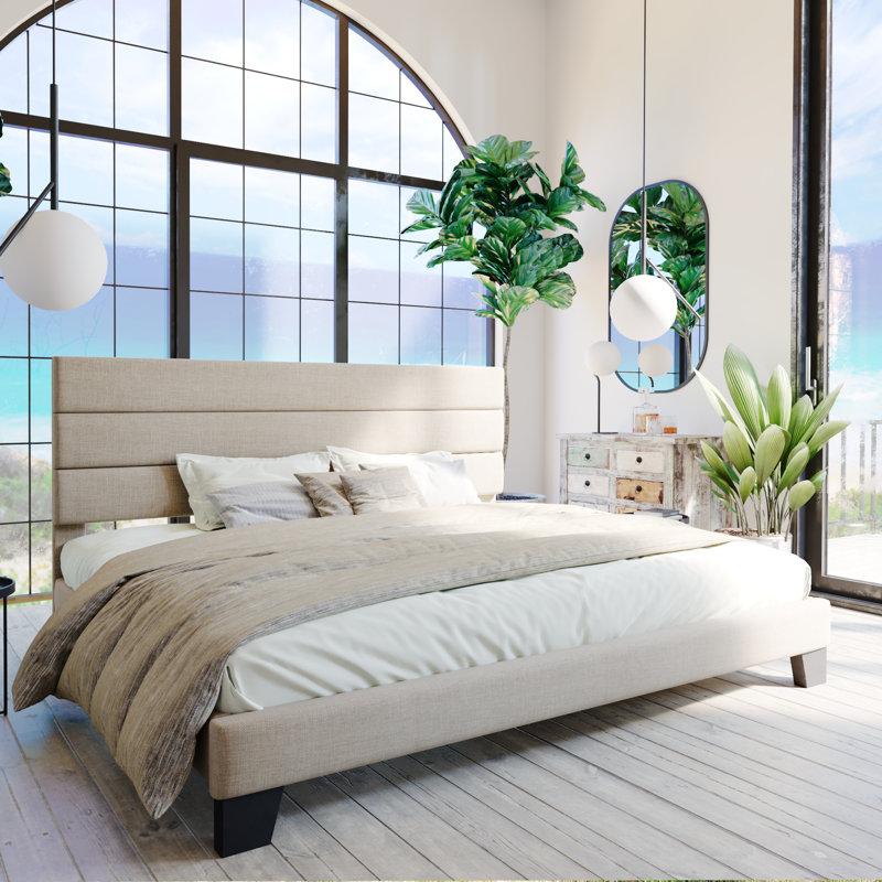 Elison Platform Bed with Fabric Upholstered Headboard and Wooden Slats, King, Beige