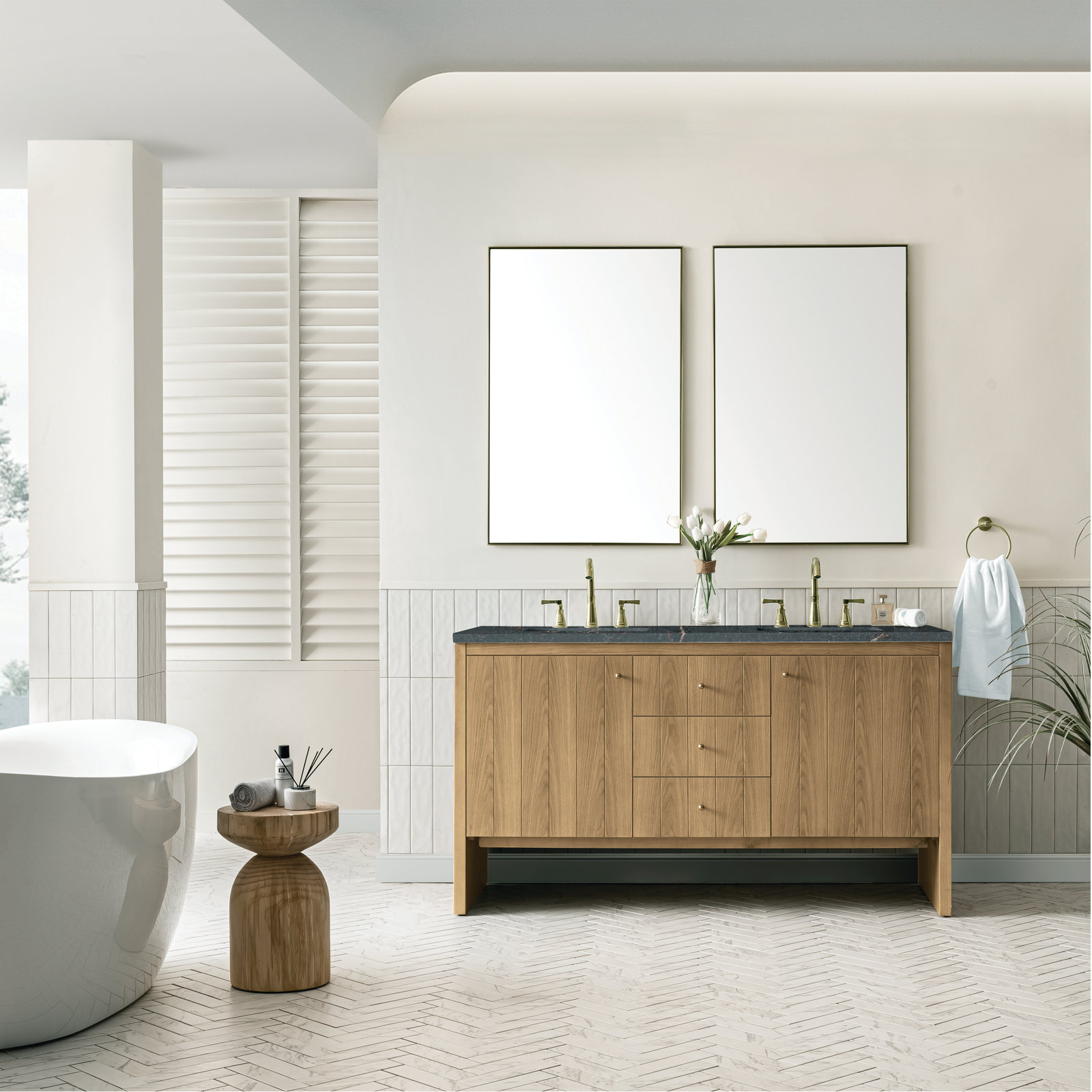 Hudson 60'' Double Bathroom Vanity, Parisien Bleu, 8" Widespread, Light Natural Oak