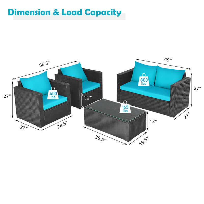 Ensemble de conversation en rotin avec canapé et coussins 4 pièces Bakerman, Turquoise