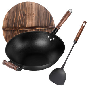 Wok en fonte 14,2 "fait à la main avec pelle - couvercle et poignée en bois, poêle à fond plat pour tous les poêles
