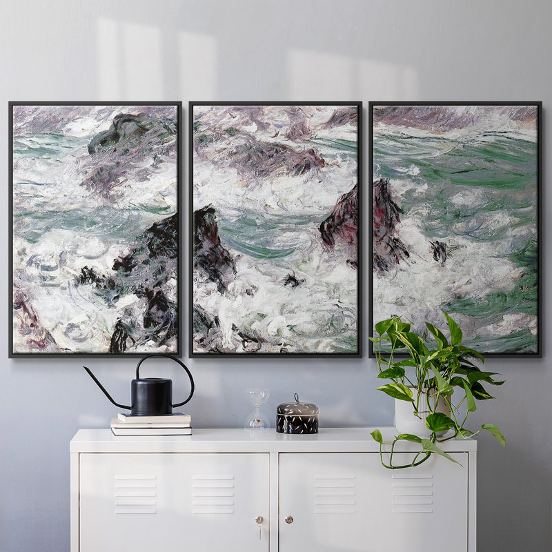 Tempête à la belle, reproduction sur toile 3 pièces, H 40 po x l 78 po, Cadre noir