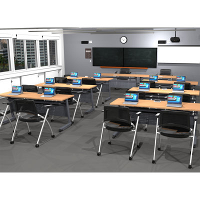 Tables Training Meeting Seminar Classroom 8Pc Beech Folding Industrial Caster Z-Base. Tables Connect.  Modesty Panel, Shelf, Power+Usb Outlet. Fold+Nest For Storage (Seating Not Included).