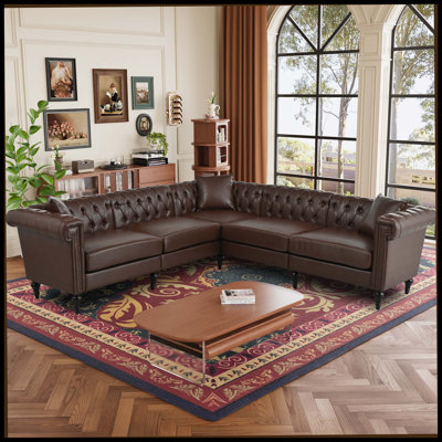 Canapé modulaire pour salon, canapé Chesterfield moderne réversible en forme de L avec accoudoirs roulés et têtes de clou, canapé capitonné à 5 places pour le cuir synthétique petit ou grand (brun foncé)
