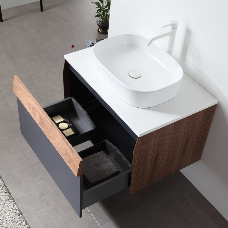 Lynwood 30" Wall-Mounted Single Bathroom Vanity Set, Light Brown/Dark Blue