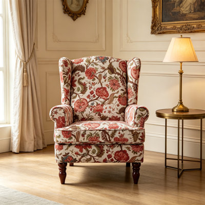 Chaise d'appoint moderne avec pieds en bois rétro, fauteuil rembourré confortable, canapé simple à motif floral pour le bureau de la chambre du salon - rouge floral