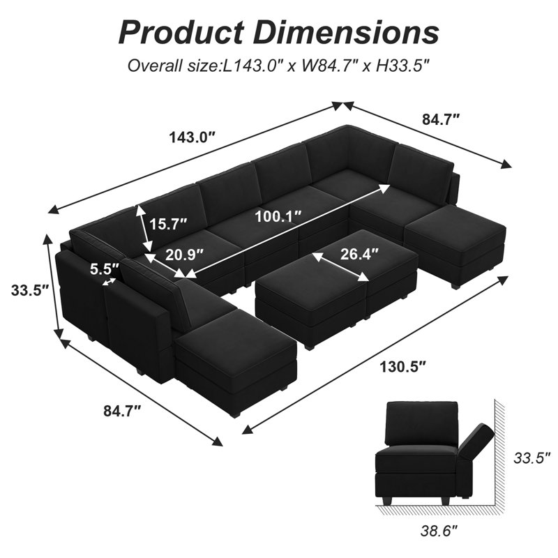 Wylodene 143'' U-Shaped Modular Velvet Sectional Upholstered Storage Sofa, Black Velvet
