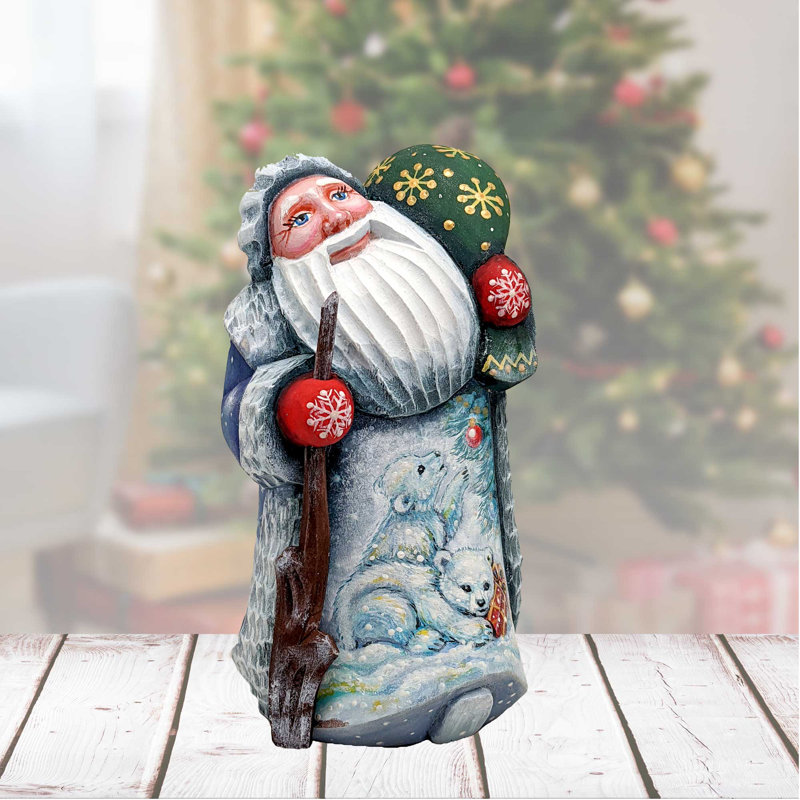 Masterpiece Wood Carved Santa and the Bear Cubs Santa Figurine