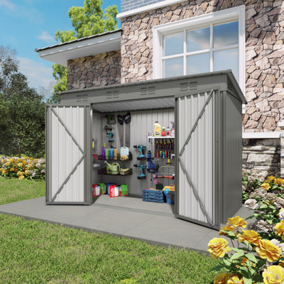 Remise de rangement extérieure 4 x 9 pi, abri de jardin en métal avec toit incliné, 6 évents et 2 portes battantes pour la cour, le jardin, le patio, le garage, la pelouse, gris