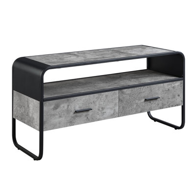 Meuble télé gris béton et noir avec structure métallique et compartiment de rangement pour téléviseurs de 39 pouces ou moins. Tiroir coulissant.