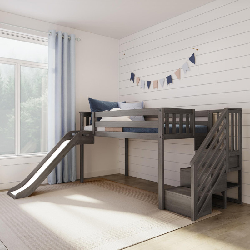 Lit mezzanine simple en bois massif Kincer, Gris foncé
