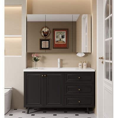 French Retro Honeycomb Stainless Steel Bathroom Vanity in Black Finish with Ceramic Sink