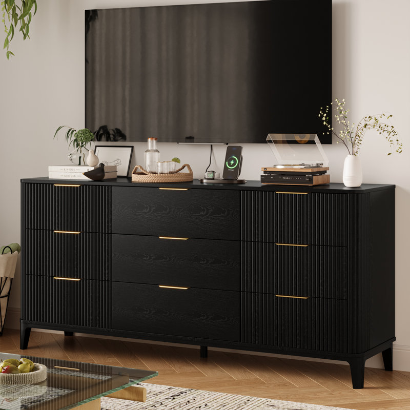 Fluted Dresser For Bedroom With 9 Drawers, 62.9" Wide Modern Chest Of Drawers With Metal Handle, Black
