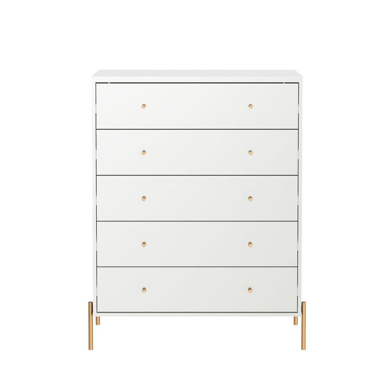 Commode 5 tiroirs Gine, Blanc brillant