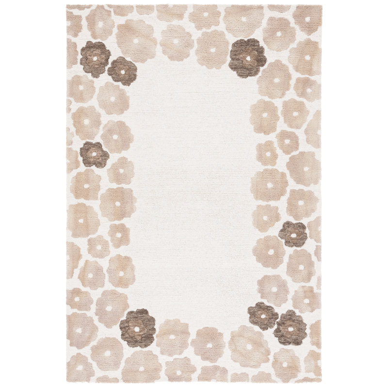 Tapis en laine / coton indien touffeté à la main Rudwan en beige / ivoire, Rectangle 6 pi x 9 pi