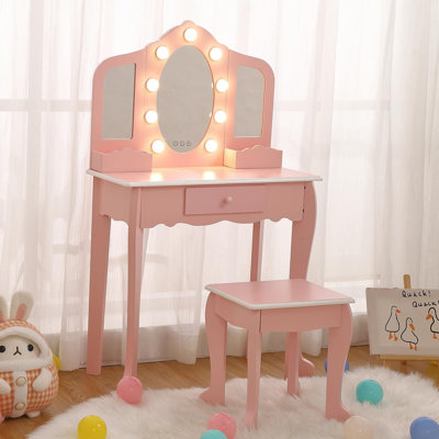 Princess Vanity Set with Touch Light and 3 Mirrors - Kids Dressing Table and Stool for Girls House of Hampton Color: White