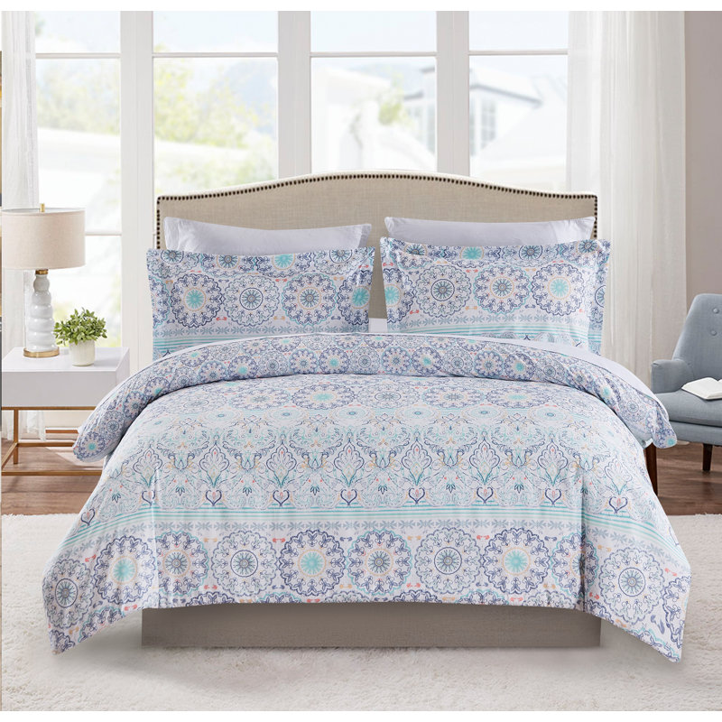 Ensemble de housse de couette réversible en microfibre bleue 3 pièces, Housse de couette simple + 2 taies décoratives si