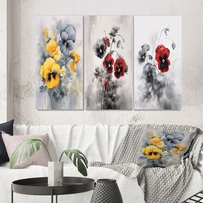«Yellow and Grey Minimalisme Pansies», 3 pièces sur toile