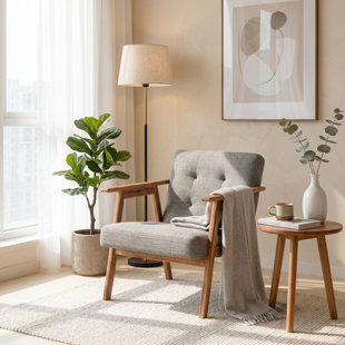 Mid-Century Modern Accent Chair, Solid Rubberwood Frame Upholstered Armchair for Living Room, Dark Gray