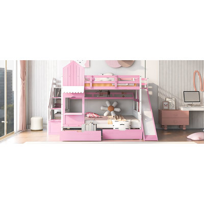Full-Over-Full Castle Style Bunk Bed With 2 Drawers 3 Shelves And Slide