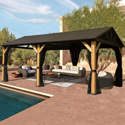 Pavillon de jardin extérieur avec toits doubles, rideaux d'intimité, moustiquaires, auvent de tente de cadre en métal robuste pour patio, cour, terrasse, pelouse