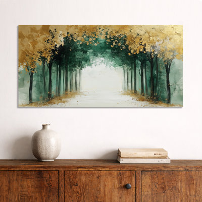 «Green Gold Dreamy Tree Forest Pathway - Green Moody Large Wall Art, Serene», reproduction d'art sur toile encadrée