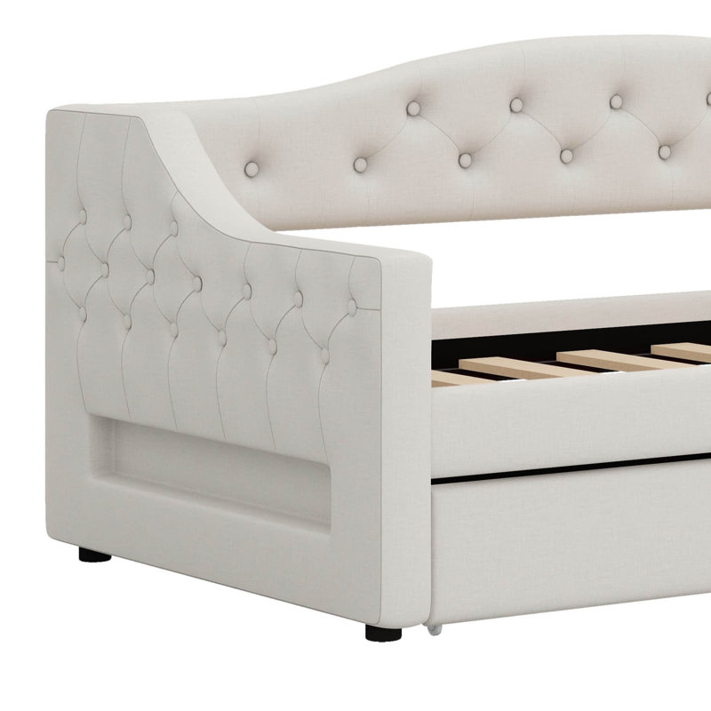 Twin XL Size Linen Tufted Daybed – Sofa Bed Design, LED Belt & Trundle Included, Beige