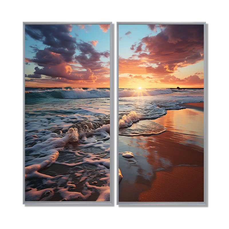 Coucher de soleil Horizon III - Grandes impressions côtières sur toile 2 panneaux, H 40 po x l 40 po, Argent argent