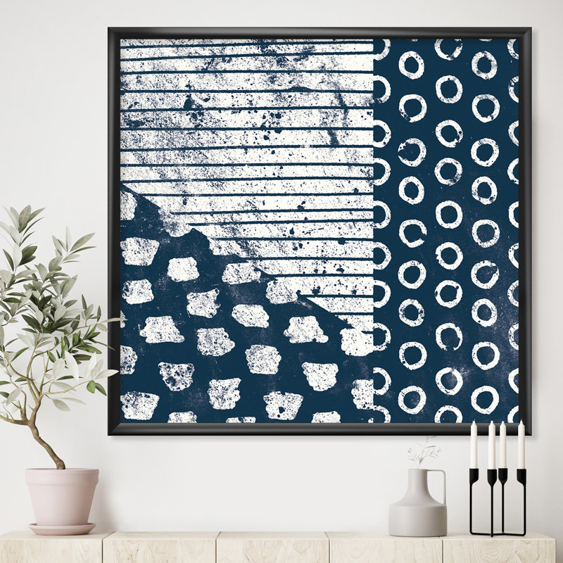 «Indigo Striples and Tile», reproduction sur toile encadrée, Cadre noir, H 30 po x l 30 po x P 1 po