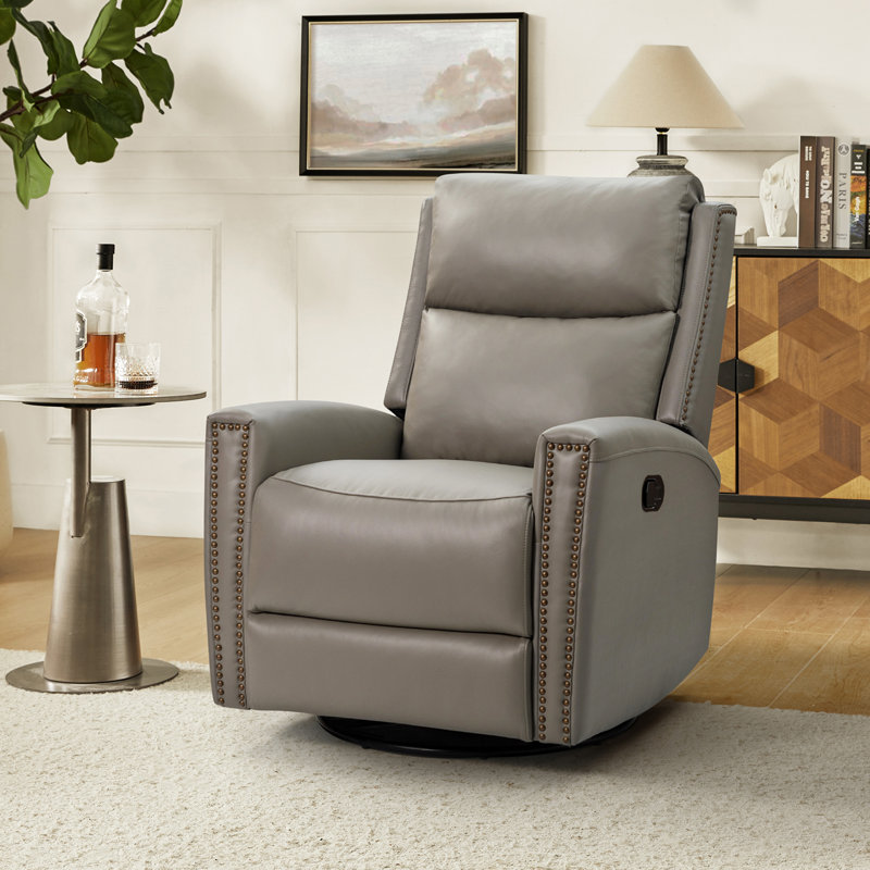 Chikako Genuine Leather Swivel Rocker Manual Recliner, Dove Genuine Leather