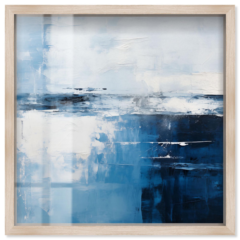 «Layers of Blue Shadowbox Print», art abstrait bleu par Art Remedy, H 21 po x l 21 po, Crème, crème