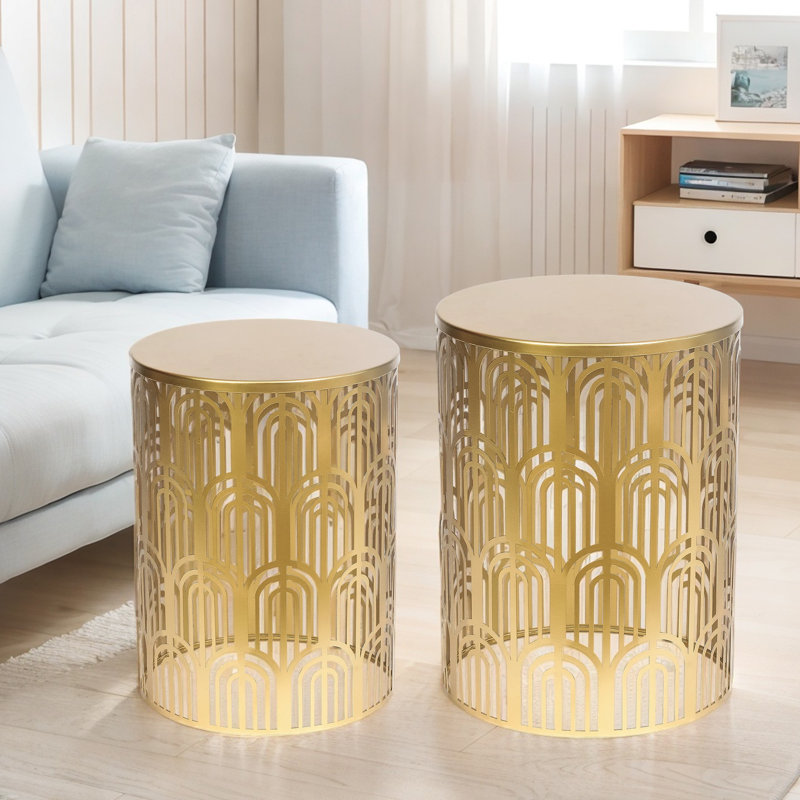Set Of 2 Hollow-Carved Round Metal End Tables, Gold
