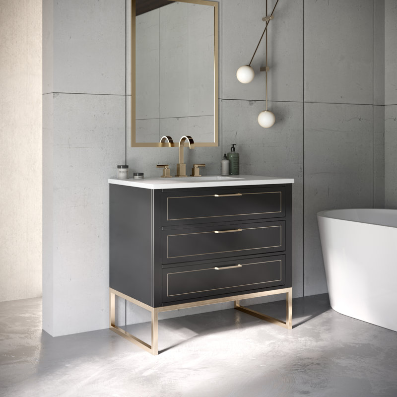 Ensemble de meuble-lavabo simple 36 po Markham, Nuit noire, Quartz blanc, Laiton satiné